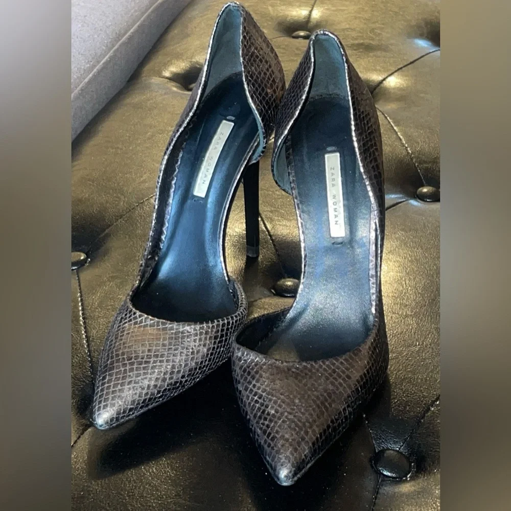 Zara Brown Snake-Effect Pointed Toe Pumps Size 38 - Picture 2 of 9